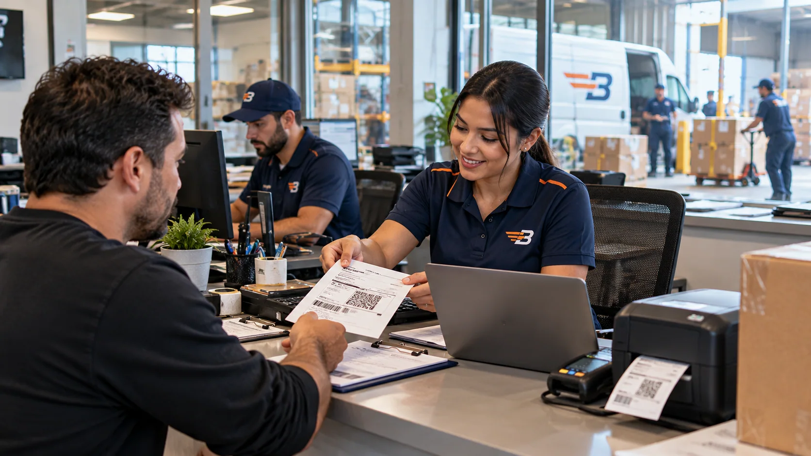 Swift Move Logistics representative handing a shipping receipt to a customer