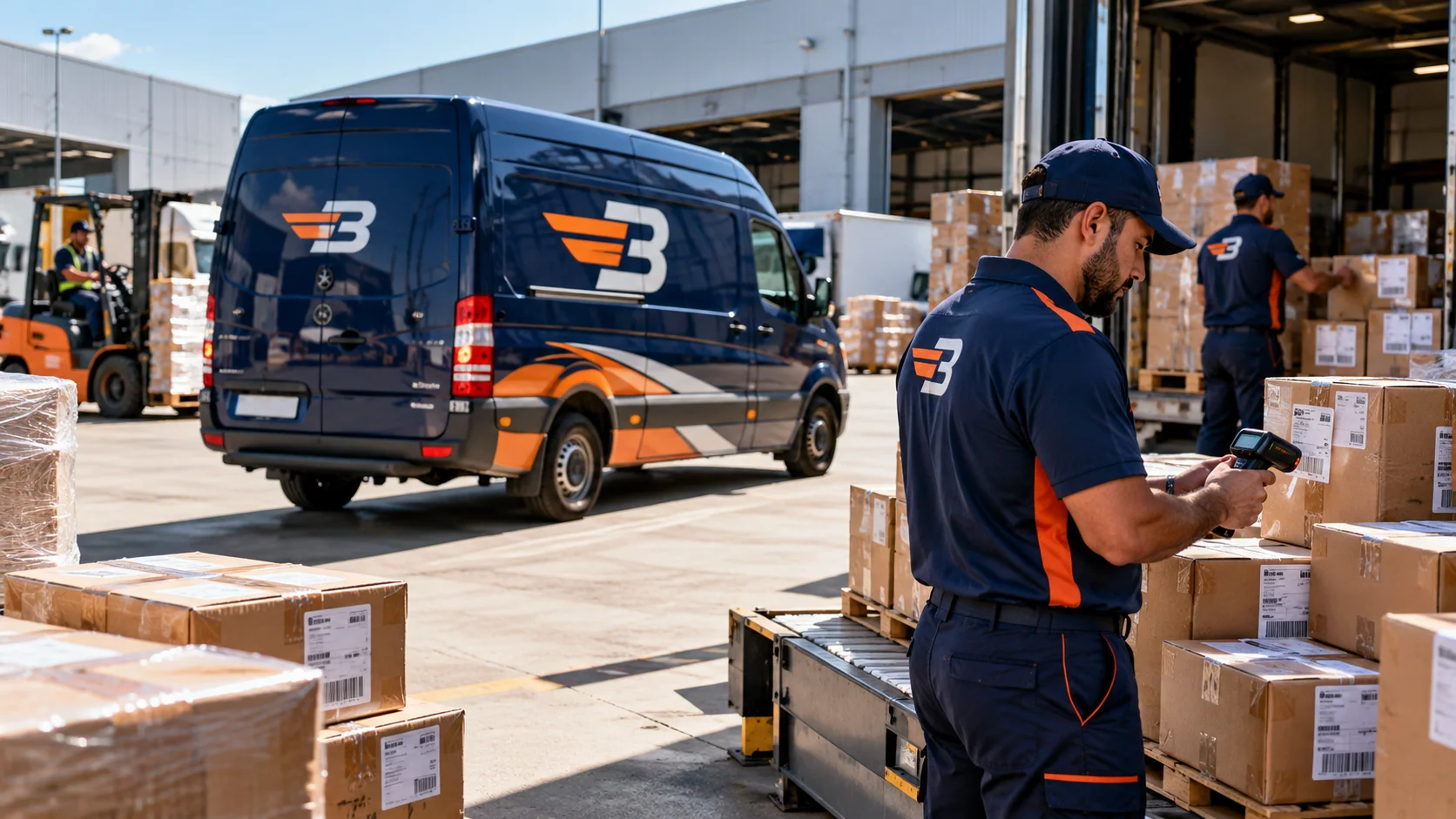 Swift Move Logistics staff scanning a parcel label beside delivery vans
