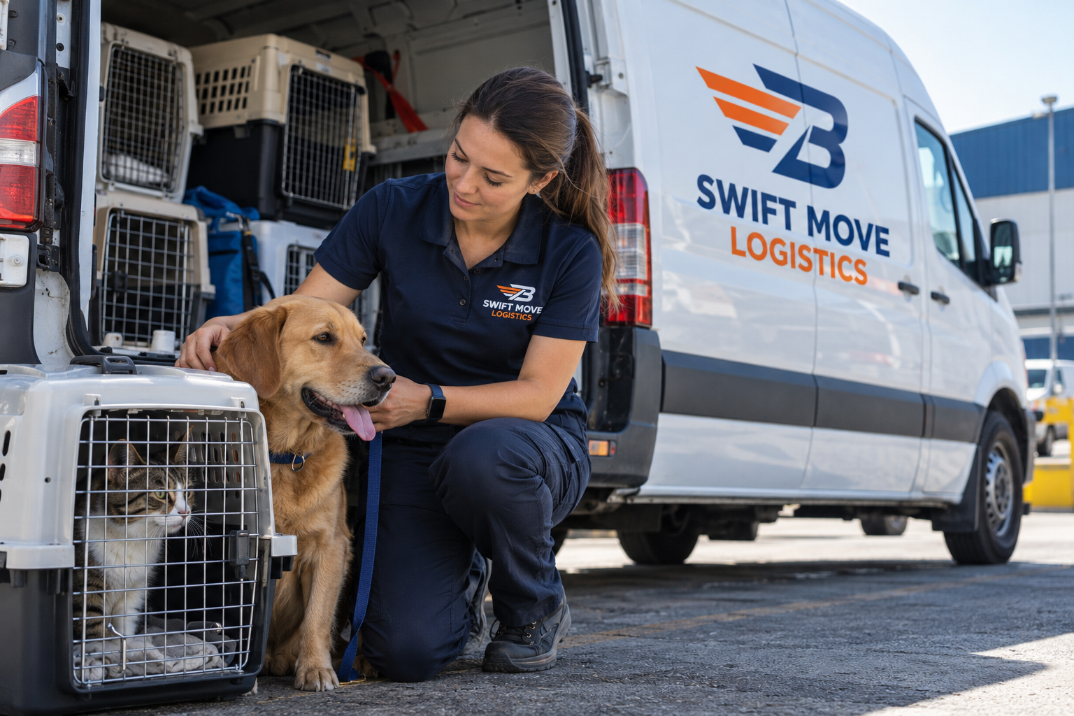 Pet care specialist with a dog and cat carrier beside a Swift Move van