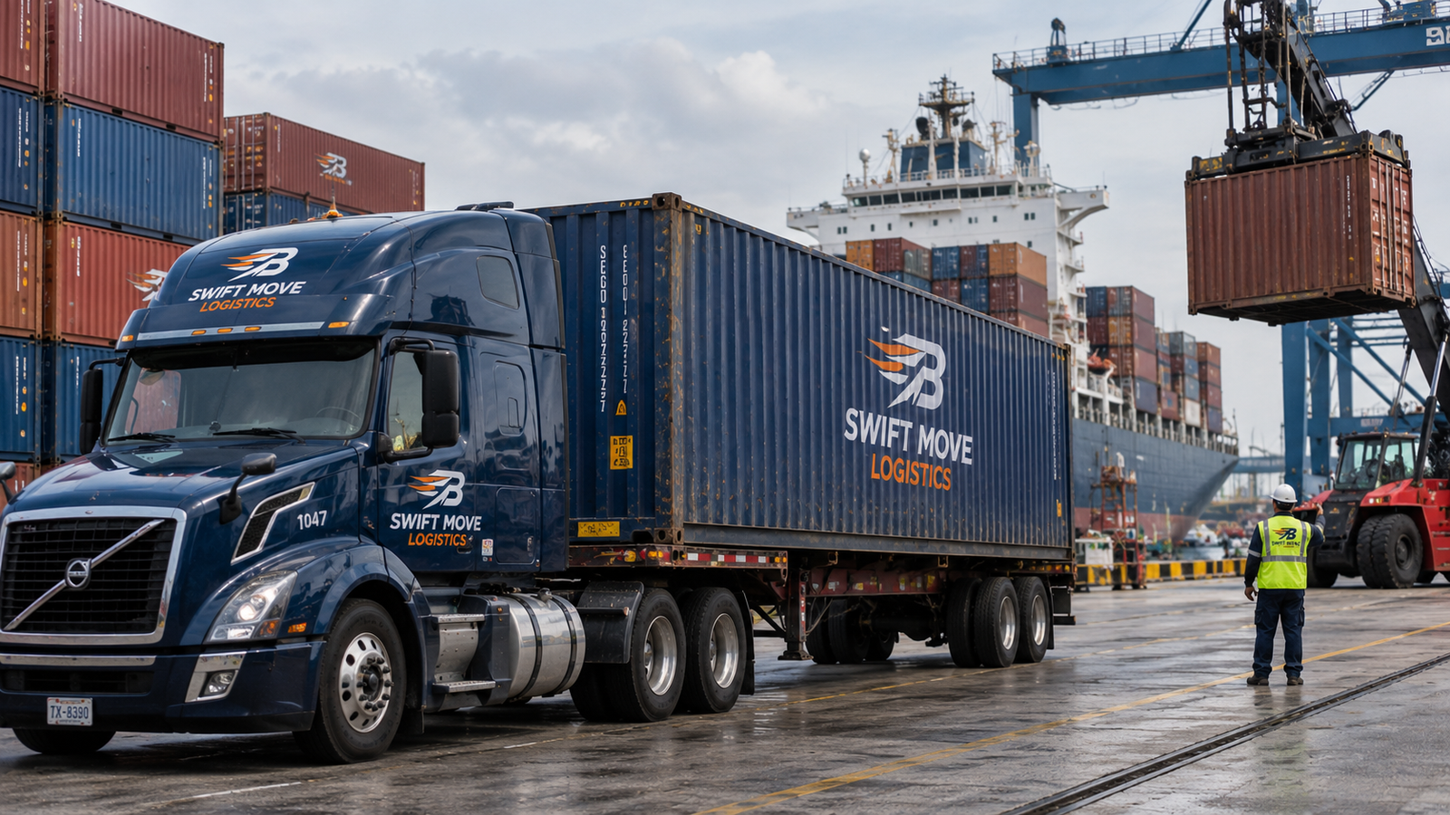 Swift Move Logistics container truck at a shipping port