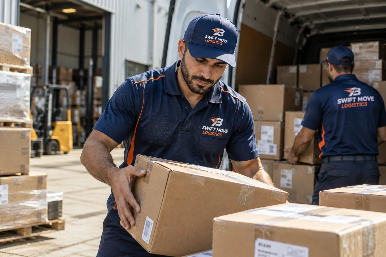 Swift Move Logistics staff handling a parcel at a warehouse