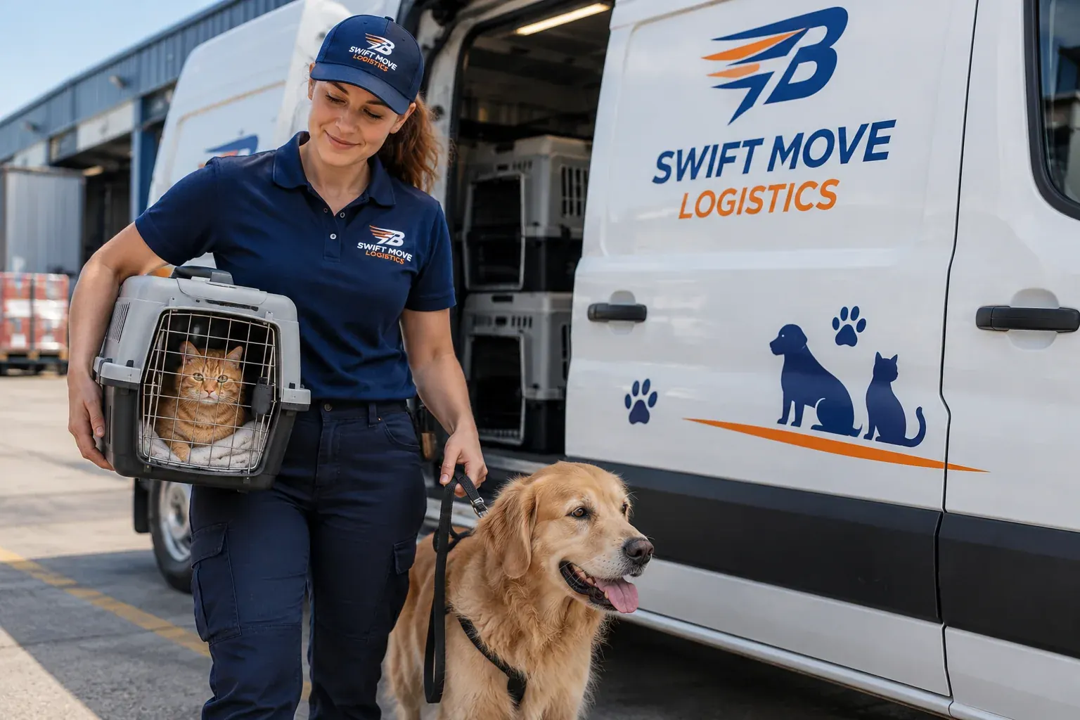 Swift Move Logistics handler with a dog and a cat in a travel carrier